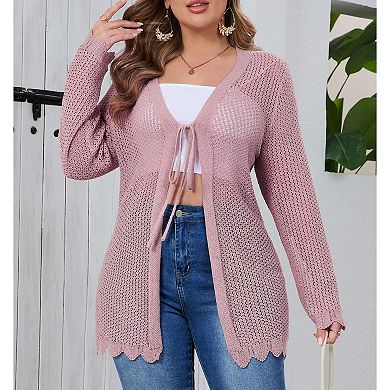 Women's Plus Size Crochet Cardigan Lightweight Long Sleeve Tie Front Hollow Out Thin Long Cardigan