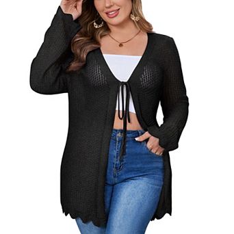 Women's Plus Size Crochet Cardigan Lightweight Long Sleeve Tie Front Hollow Out Thin Long Cardigan