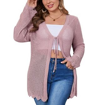Women's Plus Size Crochet Cardigan Lightweight Long Sleeve Tie Front Hollow Out Thin Long Cardigan