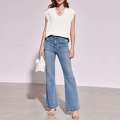 Women's V Neck Sweater Vest Cap Sleeve Casual Ribbed Split Hem Pullover Tank Tops Knitwear