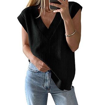 Women's V Neck Sweater Vest Cap Sleeve Casual Ribbed Split Hem Pullover Tank Tops Knitwear