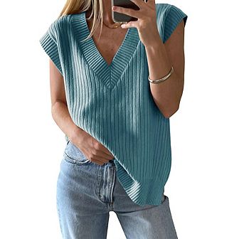 Women's V Neck Sweater Vest Cap Sleeve Casual Ribbed Split Hem Pullover Tank Tops Knitwear