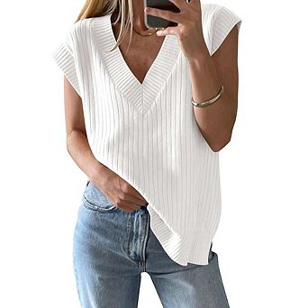 Women's V Neck Sweater Vest Cap Sleeve Casual Ribbed Split Hem Pullover Tank Tops Knitwear