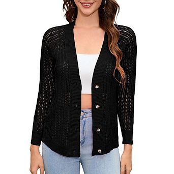 Women's V Neck Cardigan Long Sleeve Lightweight Hollowed-Out Knit Sweater Tops With Button