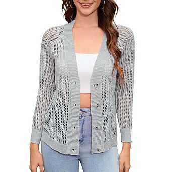 Women's V Neck Cardigan Long Sleeve Lightweight Hollowed-Out Knit Sweater Tops With Button