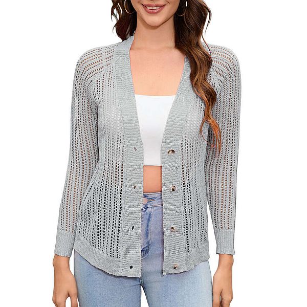 Women's V Neck Cardigan Long Sleeve Lightweight Hollowed-Out