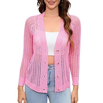 Women's V Neck Cardigan Long Sleeve Lightweight Hollowed-Out Knit Sweater Tops With Button