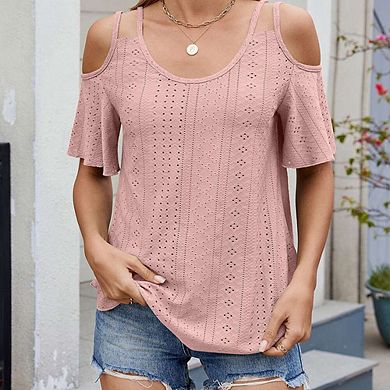 Womens Cold Shoulder Top Basic T Shirts 3/4 Sleeve Casual Blouse Tshirts