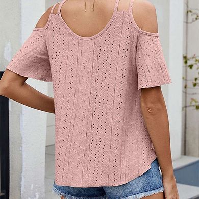 Womens Cold Shoulder Top Basic T Shirts 3/4 Sleeve Casual Blouse Tshirts