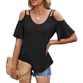Womens Cold Shoulder Top Basic T Shirts 3/4 Sleeve Casual Blouse Tshirts