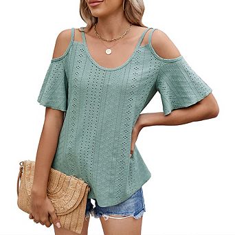 Womens Cold Shoulder Top Basic T Shirts 3/4 Sleeve Casual Blouse Tshirts