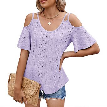 Womens Cold Shoulder Top Basic T Shirts 3/4 Sleeve Casual Blouse Tshirts