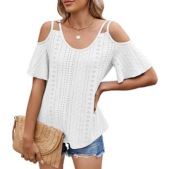 Womens Cold Shoulder Top Basic T Shirts 3/4 Sleeve Casual Blouse Tshirts