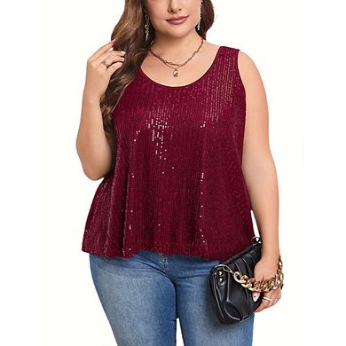 Womens Plus Size Sequin Tank Tops Scoop Neck Sleeveless T-shirts Tops Sparkle Shimmer Tunic Tops