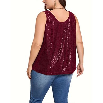 Womens Plus Size Sequin Tank Tops Scoop Neck Sleeveless T-shirts Tops Sparkle Shimmer Tunic Tops
