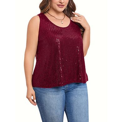 Womens Plus Size Sequin Tank Tops Scoop Neck Sleeveless T-shirts Tops Sparkle Shimmer Tunic Tops