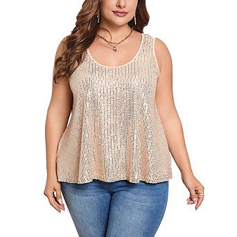 Womens Plus Size Sequin Tank Tops Scoop Neck Sleeveless T-shirts Tops Sparkle Shimmer Tunic Tops