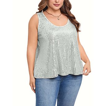 Womens Plus Size Sequin Tank Tops Scoop Neck Sleeveless T-shirts Tops Sparkle Shimmer Tunic Tops
