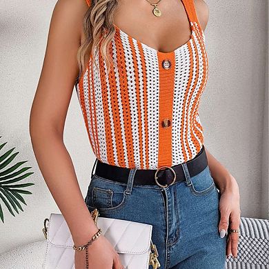 Women V Neck Contrasting Color Tops Button Knit Vest Hollow Out Spaghetti Strap Tank Top