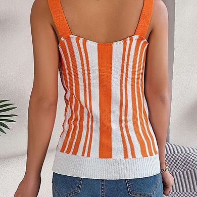 Women V Neck Contrasting Color Tops Button Knit Vest Hollow Out Spaghetti Strap Tank Top