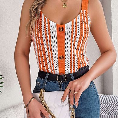 Women V Neck Contrasting Color Tops Button Knit Vest Hollow Out Spaghetti Strap Tank Top