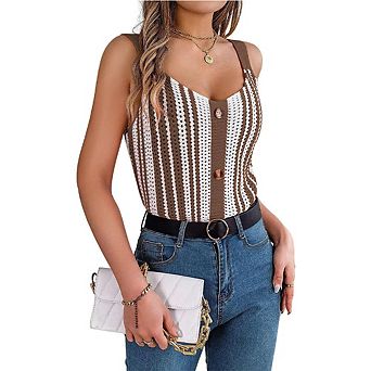 Women V Neck Contrasting Color Tops Button Knit Vest Hollow Out Spaghetti Strap Tank Top