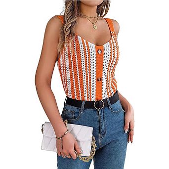 Women V Neck Contrasting Color Tops Button Knit Vest Hollow Out Spaghetti Strap Tank Top