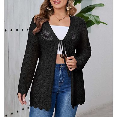 Women's Plus Size Crochet Cardigan Lightweight Long Sleeve Tie Front Hollow Out Thin Long Cardigan