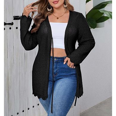 Women's Plus Size Crochet Cardigan Lightweight Long Sleeve Tie Front Hollow Out Thin Long Cardigan