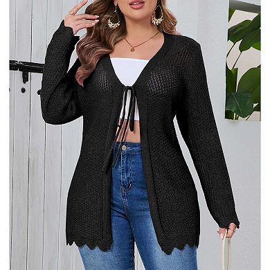 Women's Plus Size Crochet Cardigan Lightweight Long Sleeve Tie Front Hollow Out Thin Long Cardigan