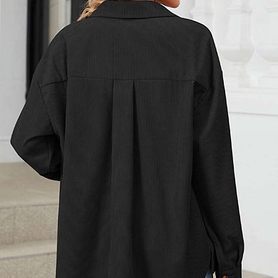 Women Lapel Button Solid Color Shirt Jacket Top Long Sleeve Shirts Casual Blouses Cardigan