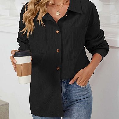 Women Lapel Button Solid Color Shirt Jacket Top Long Sleeve Shirts Casual Blouses Cardigan