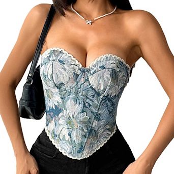 Women's Corset Retro Floral Print Tied Fishbone Vest