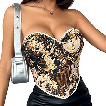 Women's Corset Retro Floral Print Tied Fishbone Vest