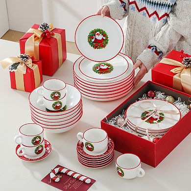 Christmas porcelain dinnerware set, 30-pcs for 6, dinner-, dessert-, soup plates, cups, saucers