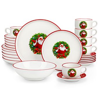 Christmas porcelain dinnerware set, 30 pc for 6, dinner-, dessert-, soup plates, cups, saucers