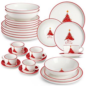 Christmas porcelain dinnerware set, 30 pc for 6, dinner-, dessert-, soup plates, cups, saucers