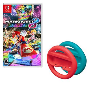 Nintendo Switch Mario Kart 8 with Red and Blue Steering Wheels Bundle
