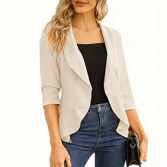 Womens Open Front Single Button Three Quarter Sleeve Casual Blazer Cardigan
