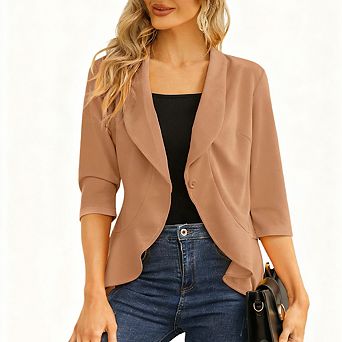 Womens Open Front Single Button Three Quarter Sleeve Casual Blazer Cardigan