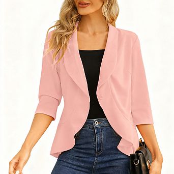 Womens Open Front Single Button Three Quarter Sleeve Casual Blazer Cardigan