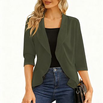 Womens Open Front Single Button Three Quarter Sleeve Casual Blazer Cardigan