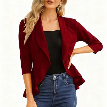 Womens Open Front Single Button Three Quarter Sleeve Casual Blazer Cardigan