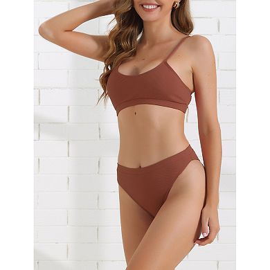 2 Sets Women's Adjustable Spaghetti Straps Bikini Sets, 2Pcs Ribbed High Waist Bottoms Swimwear Suit