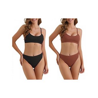 2 Sets Women's Adjustable Spaghetti Straps Bikini Sets, 2 pc Ribbed High Waist Bottoms Swimwear Suit