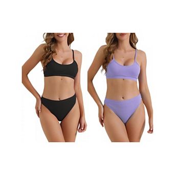 2 Sets Women's Adjustable Spaghetti Straps Bikini Sets, 2 pc Ribbed High Waist Bottoms Swimwear Suit