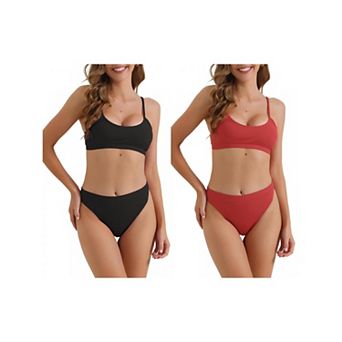 2 Sets Women's Adjustable Spaghetti Straps Bikini Sets, 2 pc Ribbed High Waist Bottoms Swimwear Suit
