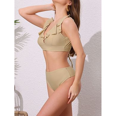 2 Sets Women's Ruffle Trim Wide Strap Bikini Sets, 2 Pcs Drawstring Tie Back Top Triangle Bottom