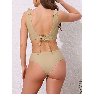 2 Sets Women's Ruffle Trim Wide Strap Bikini Sets, 2 Pcs Drawstring Tie Back Top Triangle Bottom
