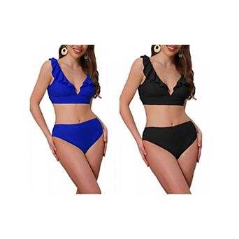 2 Sets Women's Ruffle Trim Wide Strap Bikini Sets, 2 pc Drawstring Tie Back Top Triangle Bottom